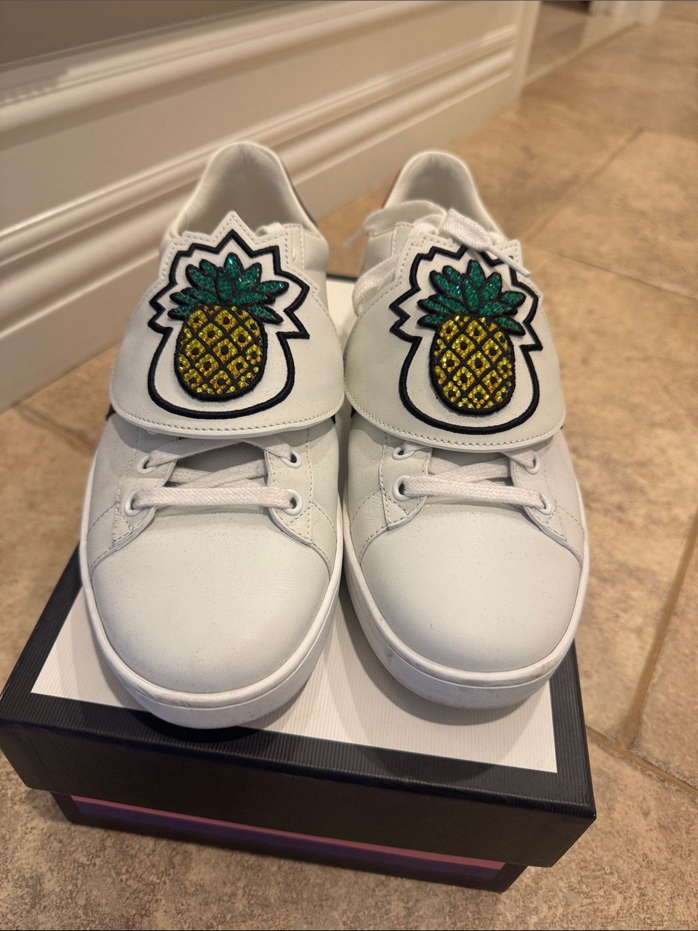 Gucci White Sneakers with Yellow & Green Pineapple Patch